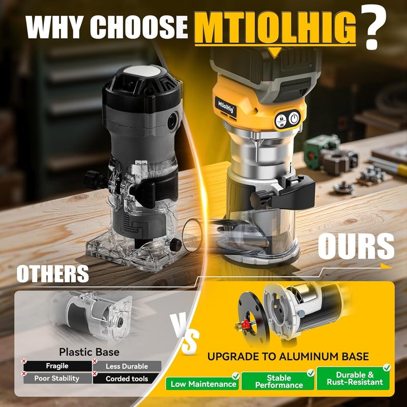 MtiolHig Cordless Compact Router Compatible with DeWalt 20V Battery, With 15Pcs Router Bits 6 Variable Speeds for Woodworking, 800W Fixed Base Wood Router With Trim Bits, Edge & Roller Guide - Image 5